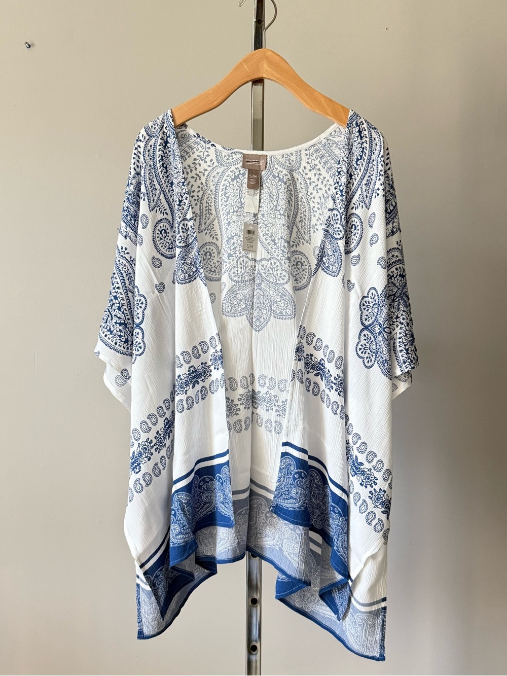 Chico's Bandana Paisley Ruana NWT Alabaster Blue Kimono Cardigan Size S/M